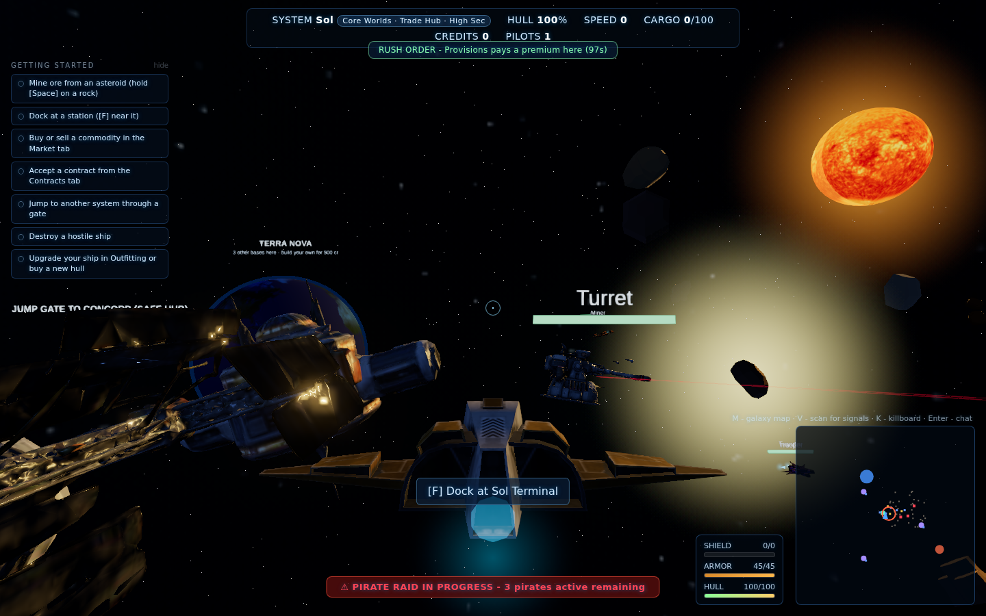 Actual gameplay in Sol: a pilot's ship beside an orbital station, with a sun and asteroid field beyond.